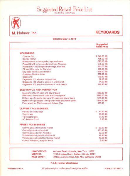 Original Pricing for Hohner Clavinet and Pianet